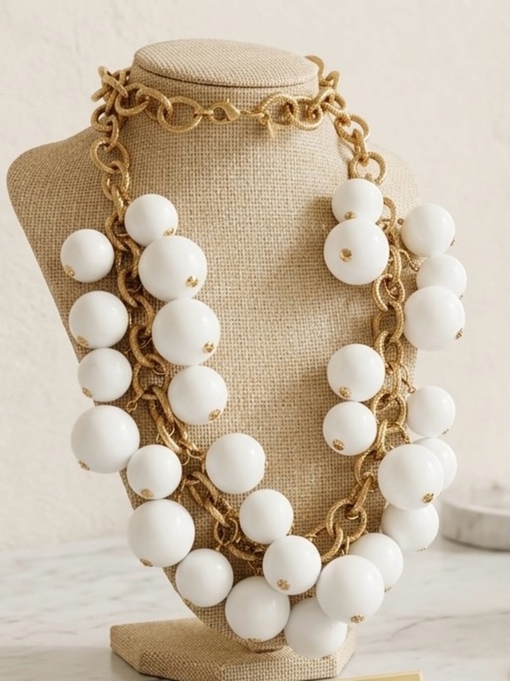 Kenneth Jay Lane White Bead Multi-Strand Gold Chain Necklace